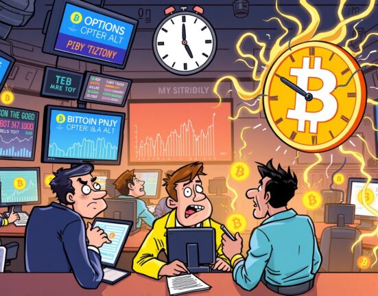 A cartoon illustration showing the significant impact of Bitcoin options expiration on the cryptocurrency market, with traders reacting to charts.