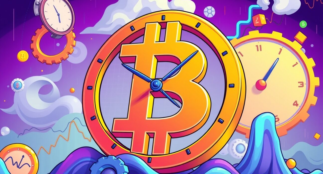 Bitcoin options expiration countdown with market volatility indicators in cartoon illustration