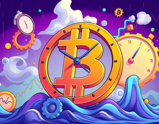 Bitcoin options expiration countdown with market volatility indicators in cartoon illustration