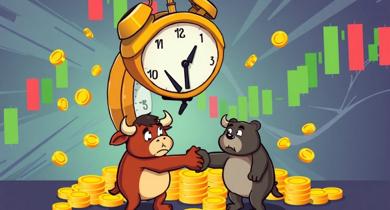 A vibrant cartoon illustrating the crucial expiration of Bitcoin options and its potential market impact.