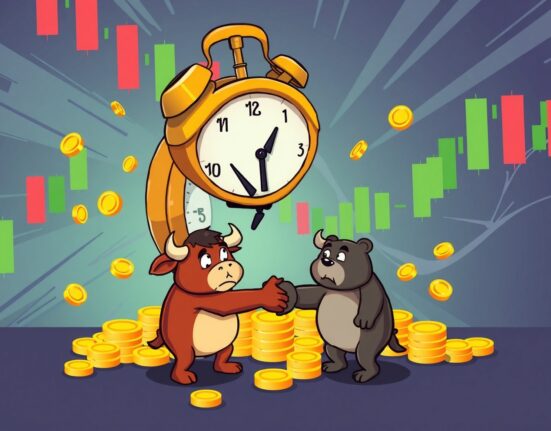 A vibrant cartoon illustrating the crucial expiration of Bitcoin options and its potential market impact.