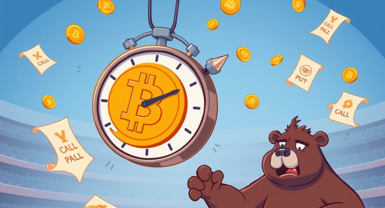 A cartoon scene showing the crucial moment of Bitcoin options expiration impacting market sentiment.