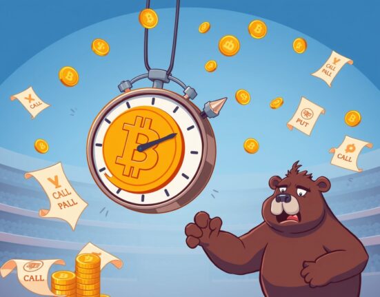 A cartoon scene showing the crucial moment of Bitcoin options expiration impacting market sentiment.