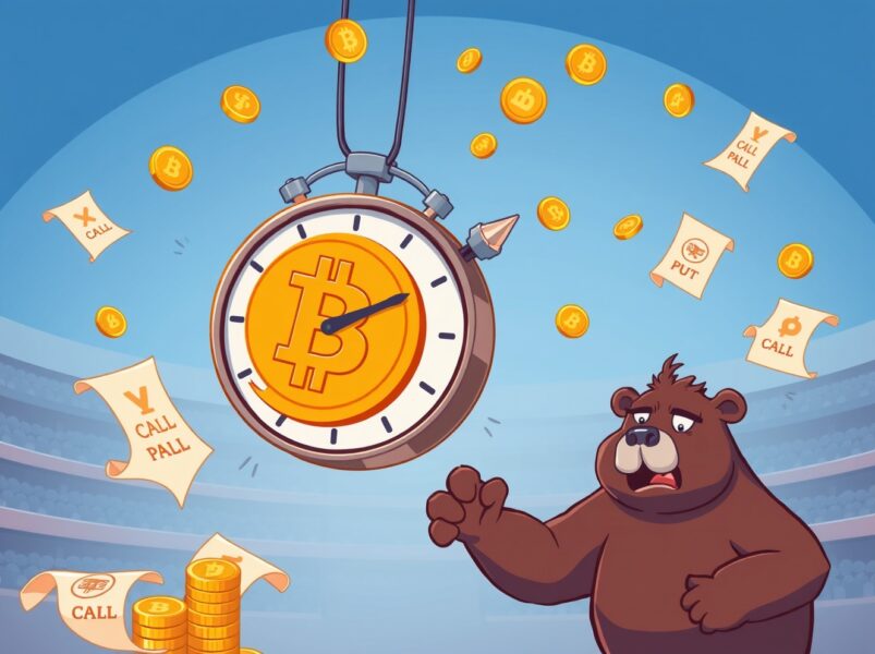 A cartoon scene showing the crucial moment of Bitcoin options expiration impacting market sentiment.