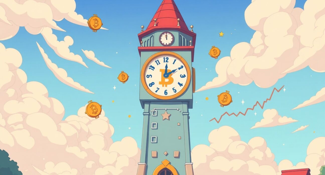 Bitcoin options expiration illustrated with a vibrant clock and market charts symbolizing volatility