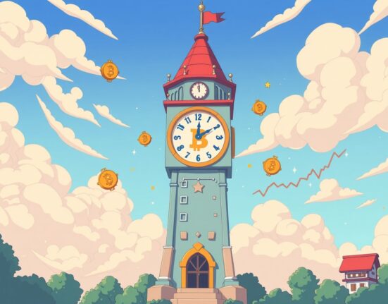 Bitcoin options expiration illustrated with a vibrant clock and market charts symbolizing volatility