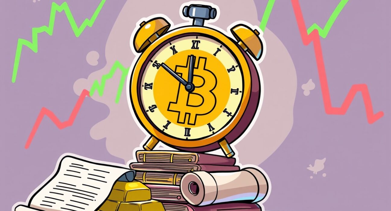 Cartoon illustration of a ticking clock marking the deadline for crucial Bitcoin options expire, symbolizing market anticipation.