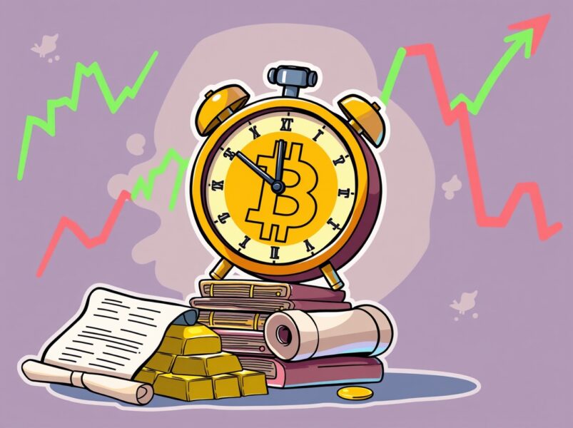 Cartoon illustration of a ticking clock marking the deadline for crucial Bitcoin options expire, symbolizing market anticipation.