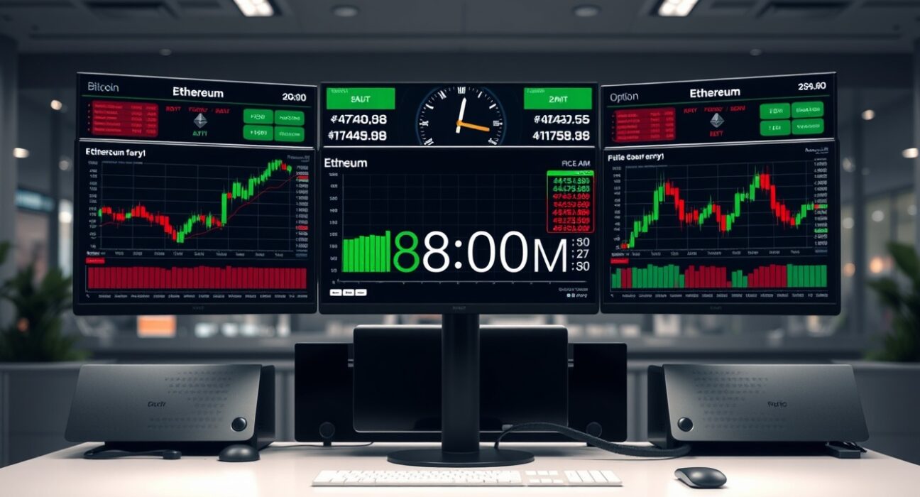 Trading desk with Bitcoin and Ethereum price charts on multiple monitors