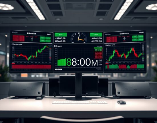 Trading desk with Bitcoin and Ethereum price charts on multiple monitors