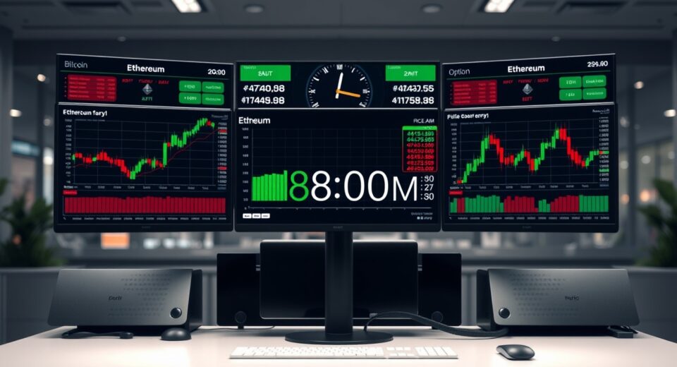 Trading desk with Bitcoin and Ethereum price charts on multiple monitors