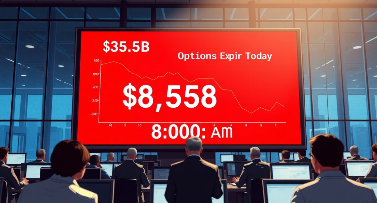 Bitcoin options expiry $8.5B on Deribit exchange with max pain price $72,000 and countdown timer