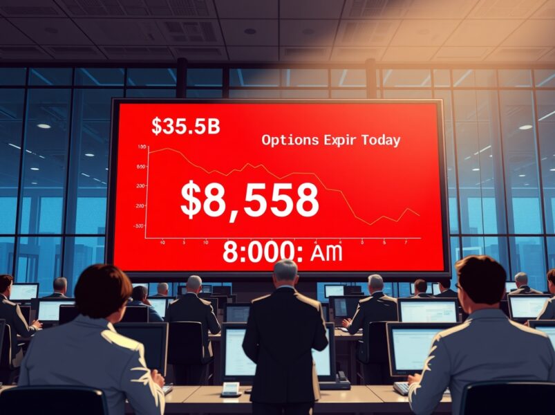 Bitcoin options expiry $8.5B on Deribit exchange with max pain price $72,000 and countdown timer