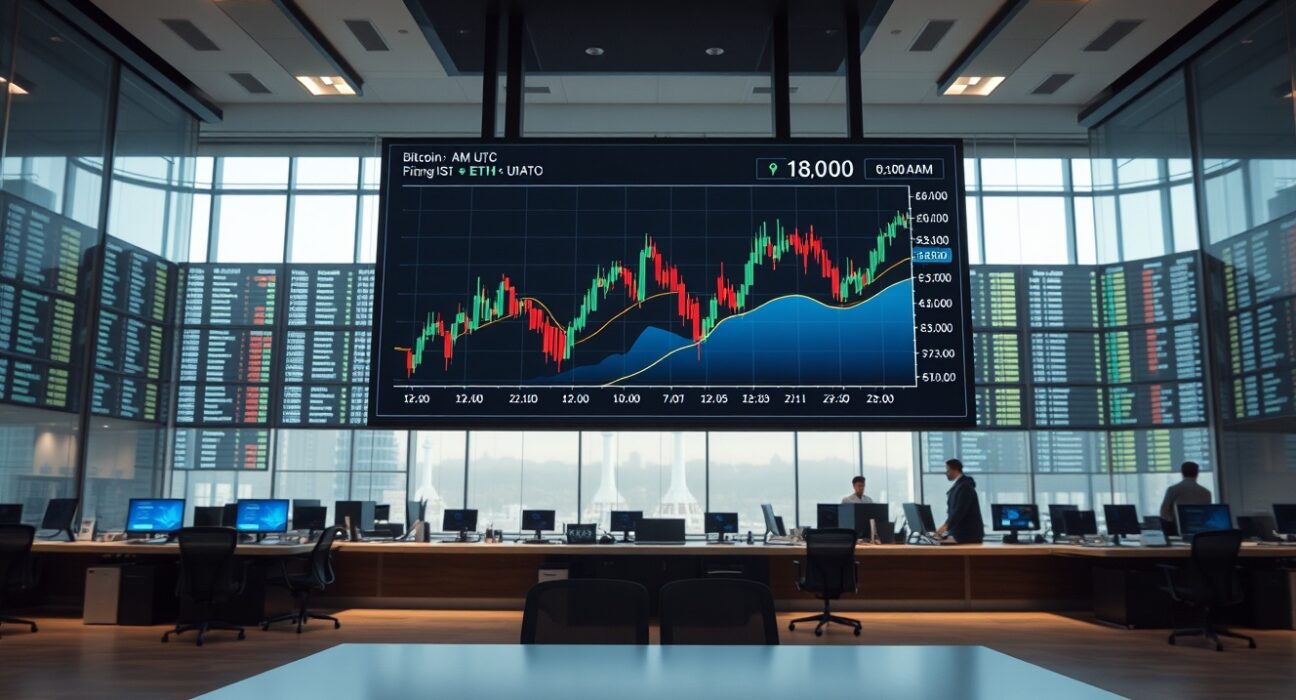Bitcoin and Ethereum options expiry dashboard on a trading floor display