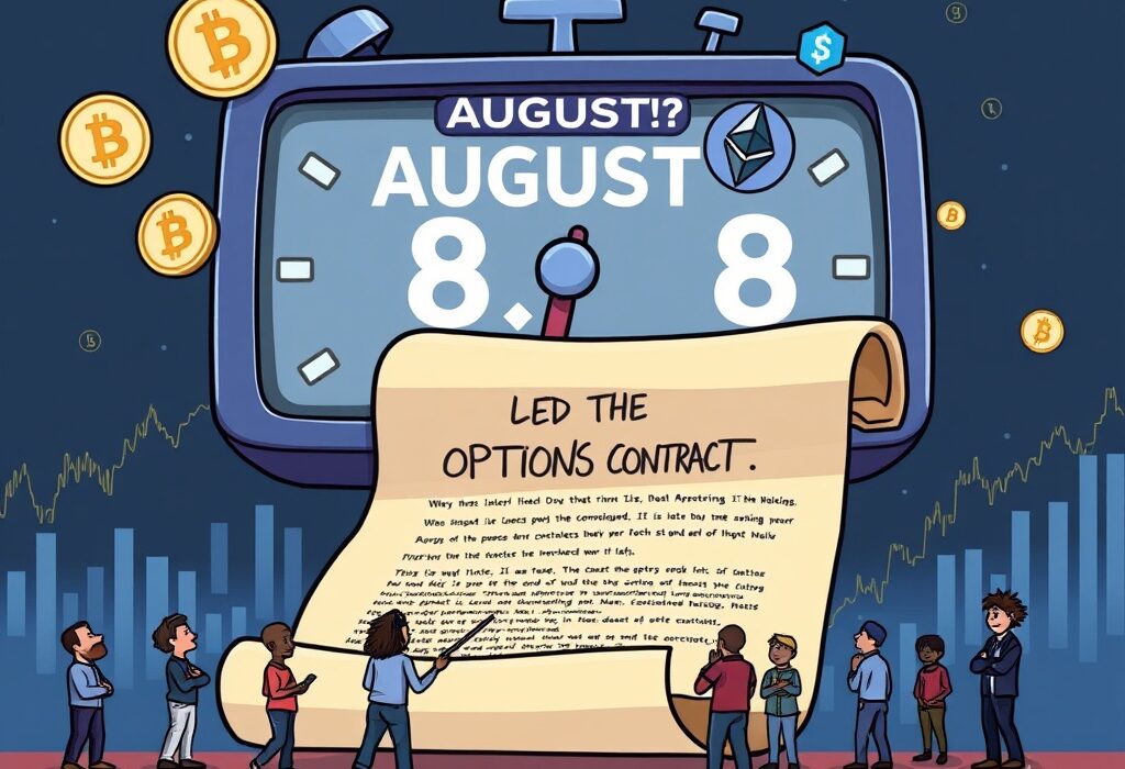 A crucial Bitcoin options expiry event is depicted with digital assets and market participants, highlighting potential market shifts.