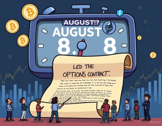 A crucial Bitcoin options expiry event is depicted with digital assets and market participants, highlighting potential market shifts.