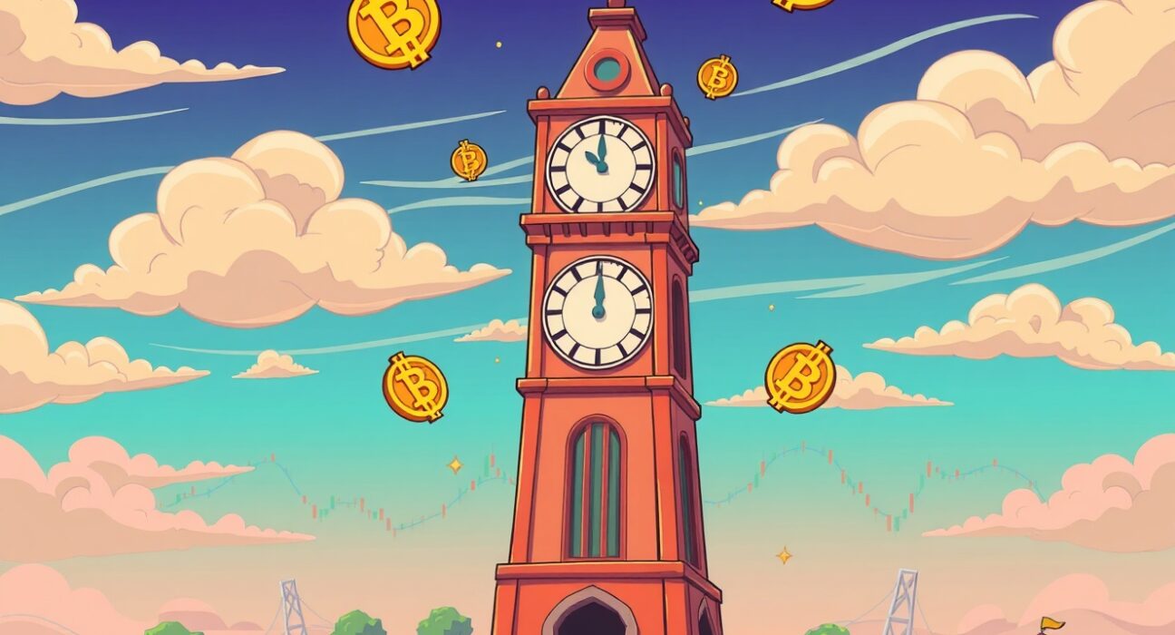 Bitcoin options expiry illustrated with a clock and charts showing market volatility