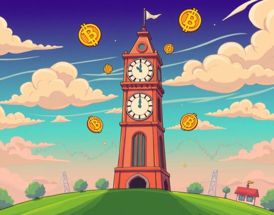 Bitcoin options expiry illustrated with a clock and charts showing market volatility
