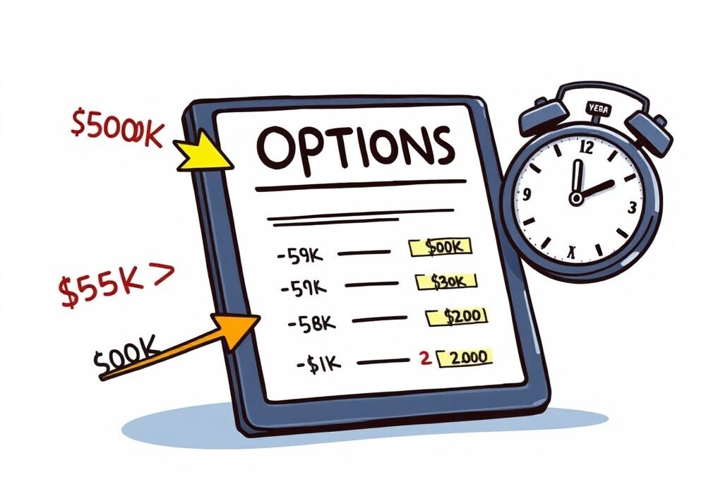 A cartoon image illustrating the strategic anticipation of Bitcoin options traders as they navigate the upcoming BTC expiry, focusing on various price targets.