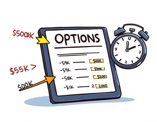 A cartoon image illustrating the strategic anticipation of Bitcoin options traders as they navigate the upcoming BTC expiry, focusing on various price targets.