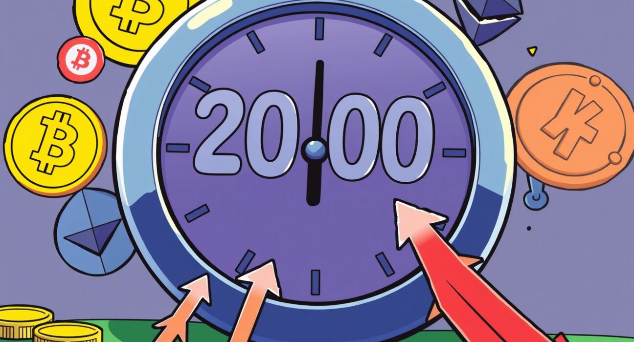 A cartoon illustration showing a countdown clock and volatile market graphs, representing the significant Bitcoin options expiry event and its potential impact on crypto prices.