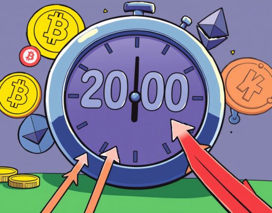 A cartoon illustration showing a countdown clock and volatile market graphs, representing the significant Bitcoin options expiry event and its potential impact on crypto prices.