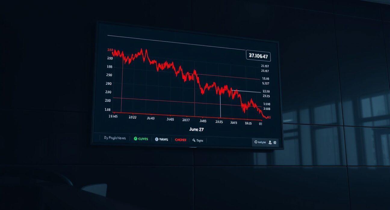 Bitcoin price chart on a trading floor screen showing a decline ahead of a major options expiry.