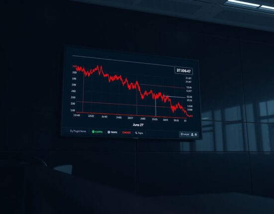 Bitcoin price chart on a trading floor screen showing a decline ahead of a major options expiry.