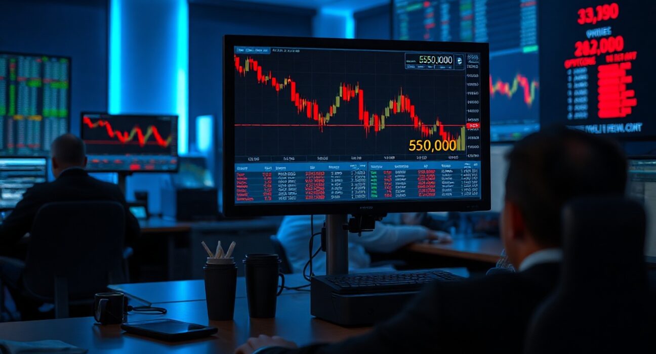 Trading desk monitors showing Bitcoin price chart with downward trend and $50K level highlighted