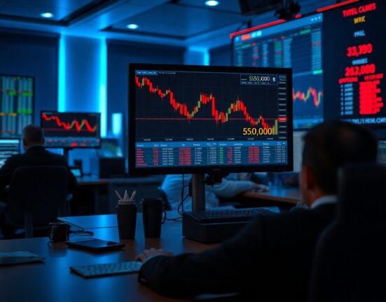 Trading desk monitors showing Bitcoin price chart with downward trend and $50K level highlighted