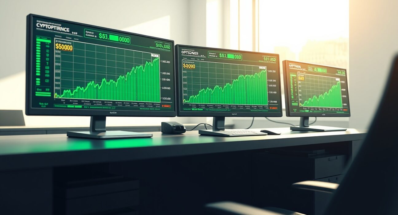 Bitcoin options trading desk showing bullish $80,000 call option data on professional monitors