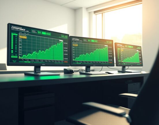 Bitcoin options trading desk showing bullish $80,000 call option data on professional monitors