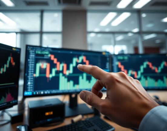 Trader monitoring Bitcoin price charts with a downward trend on screen