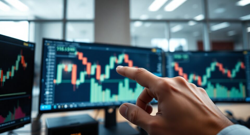 Trader monitoring Bitcoin price charts with a downward trend on screen