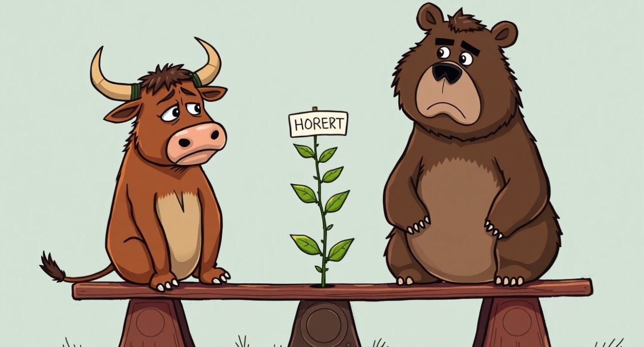 A cartoon illustration showing a hesitant bull and a confident bear on a seesaw, symbolizing conflicting sentiment in the Bitcoin options market amidst a Fed rate cut.