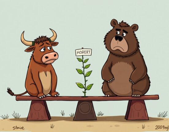 A cartoon illustration showing a hesitant bull and a confident bear on a seesaw, symbolizing conflicting sentiment in the Bitcoin options market amidst a Fed rate cut.