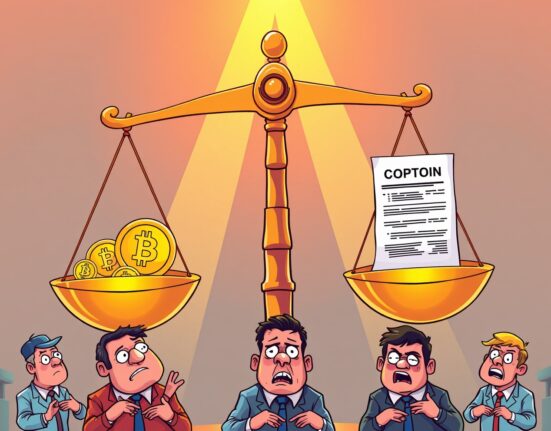 Bitcoin options market dominance shown through balancing scales with coins and contracts