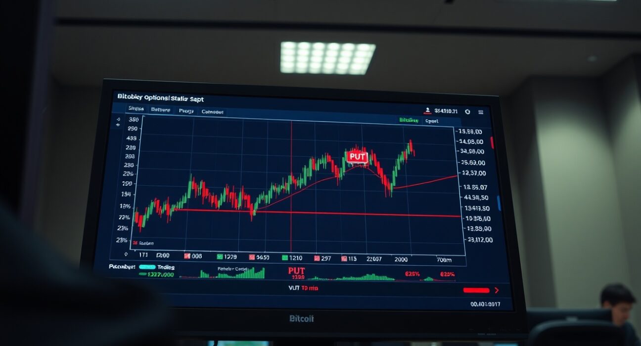 Bitcoin options trading terminal displaying put options premium and volatility index on a professional Bloomberg screen.