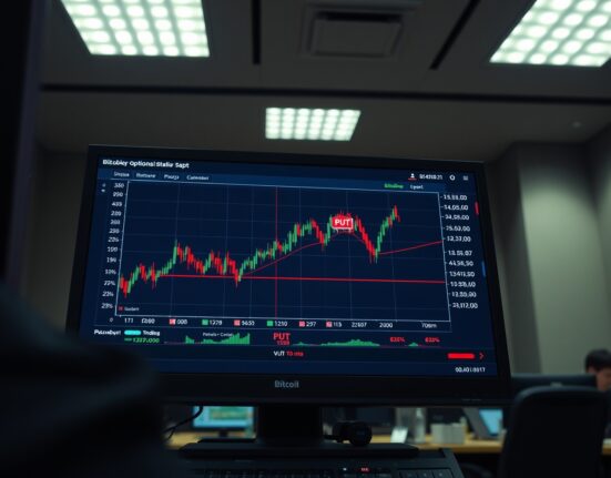 Bitcoin options trading terminal displaying put options premium and volatility index on a professional Bloomberg screen.