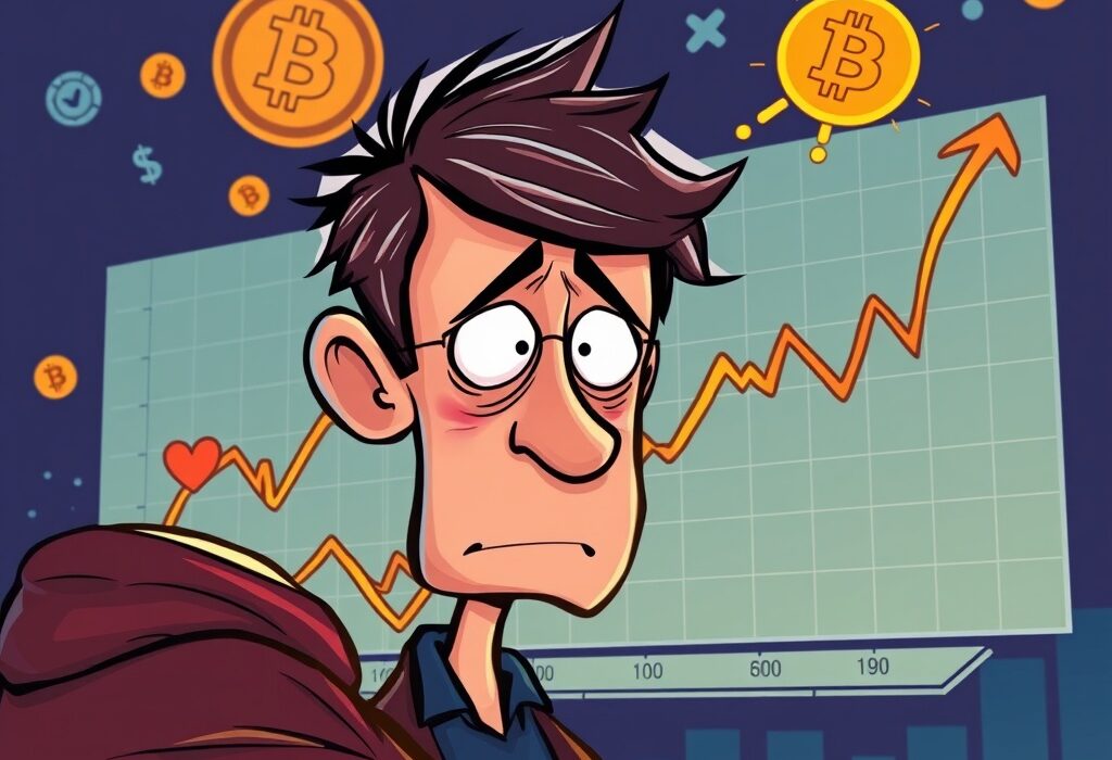 A cartoon illustration showing market fear in the Bitcoin options market, with a worried trader observing charts and potential for future price shifts.