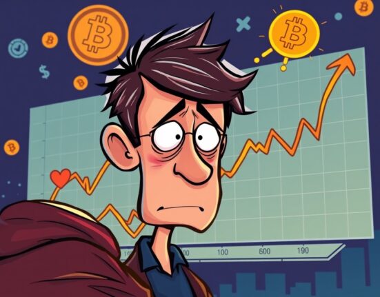 A cartoon illustration showing market fear in the Bitcoin options market, with a worried trader observing charts and potential for future price shifts.