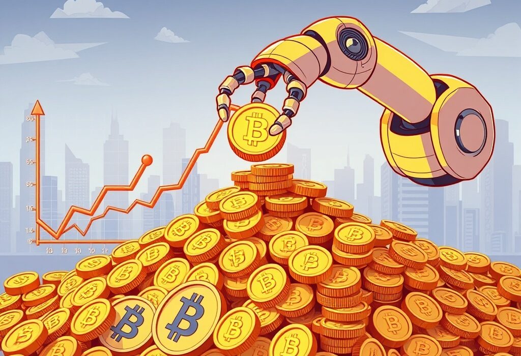 A cartoon illustration showing a large stack of Bitcoin options contracts growing rapidly, symbolizing the significant increase in Bitcoin options open interest.