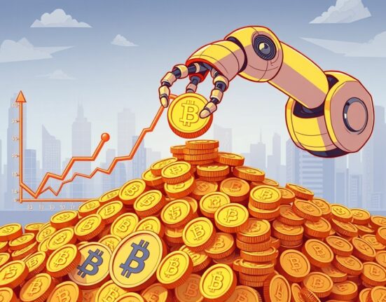 A cartoon illustration showing a large stack of Bitcoin options contracts growing rapidly, symbolizing the significant increase in Bitcoin options open interest.