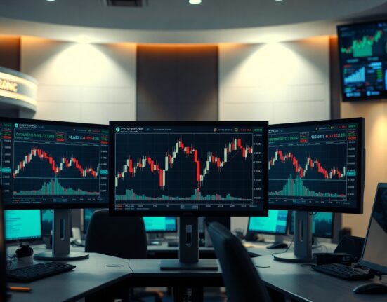 Bitcoin options trading desk with bearish chart on monitors