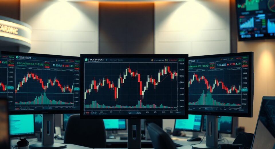 Bitcoin options trading desk with bearish chart on monitors