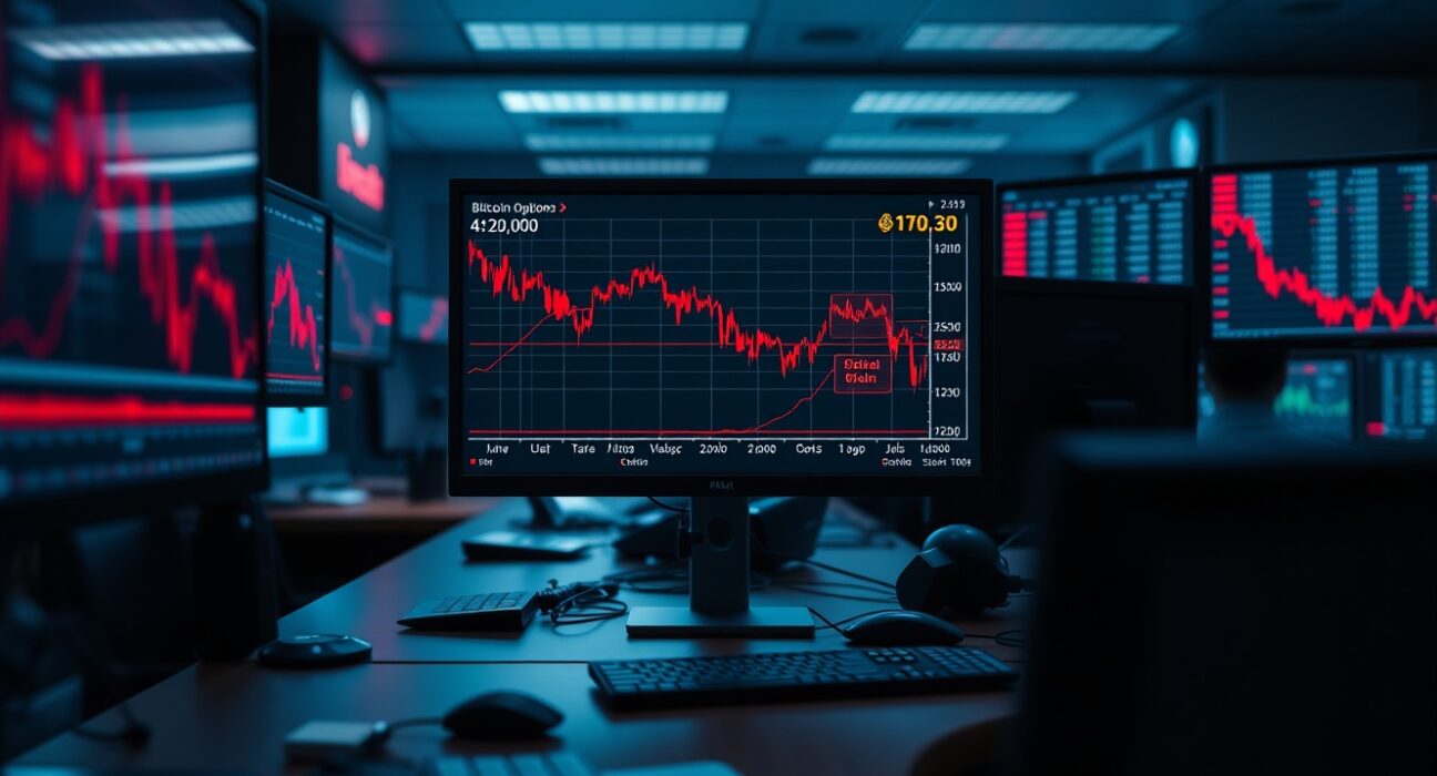 Trading desk monitors showing Bitcoin price charts and options data with red downward trends.