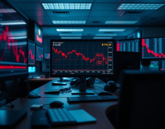 Trading desk monitors showing Bitcoin price charts and options data with red downward trends.