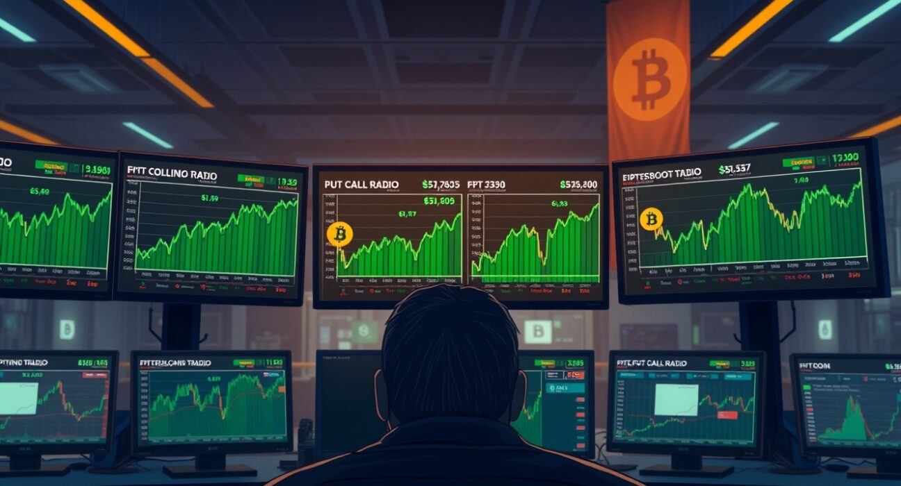 Bitcoin price charts and options data on trading monitors showing declining put/call ratio