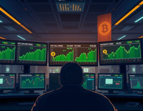 Bitcoin price charts and options data on trading monitors showing declining put/call ratio