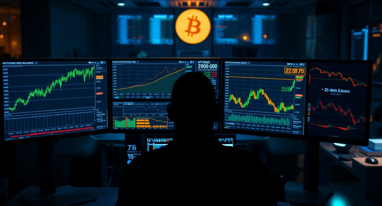 Bitcoin options trading desk with price charts and volatility indicators showing market correction optimism.
